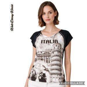 Walt Disney World Italia t-shirt top blk white brown Italy scene ss sz xlrg